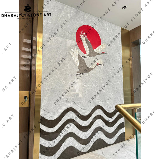 Elegant Handcrafted Flying Birds and Red Sun Design Stone Mural