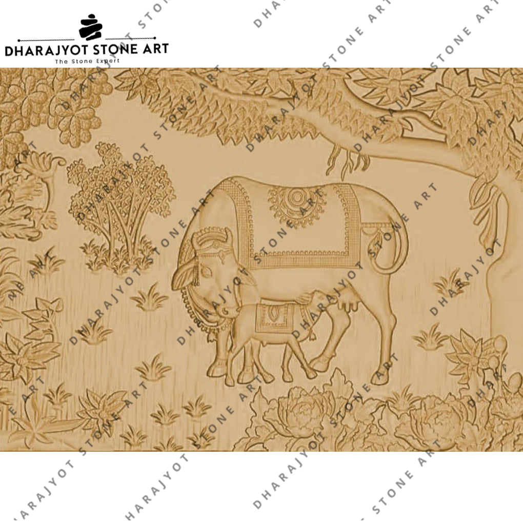 Antique Finish Sculpture Cow & Calf Bas-Relief Stone Wall Hanging