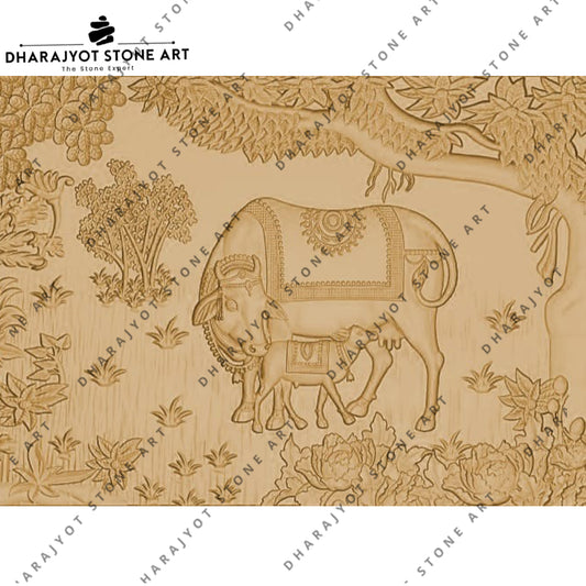 Antique Finish Sculpture Cow & Calf Bas-Relief Stone Wall Hanging