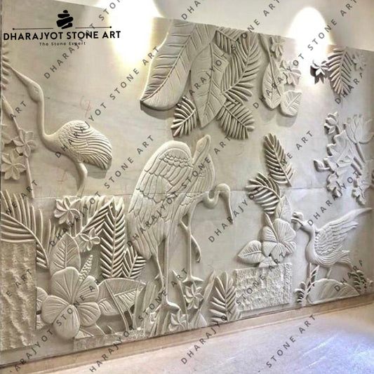 Artistic Bird & Leaf Marble Hand Carving Stone Wall Mural