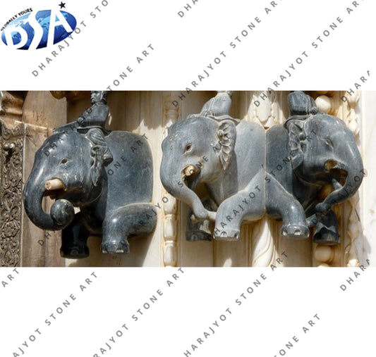 Royal Elephant Head Carving Black Stone Wall Hanging