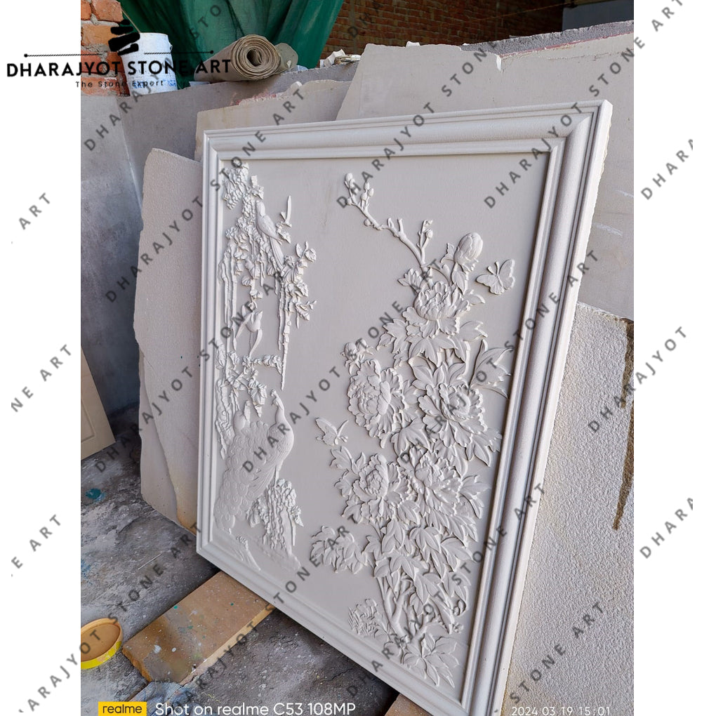 Elegant 3D Hand Carved Flower and Bird Stone Wall Hanging