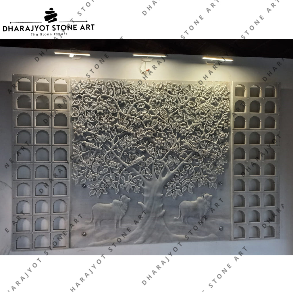 Elegant Tree of Life with Golden Flowers and Cow Sculpture Stone Wall Mural