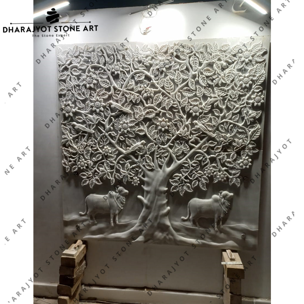 Elegant Tree of Life with Golden Flowers and Cow Sculpture Stone Wall Mural