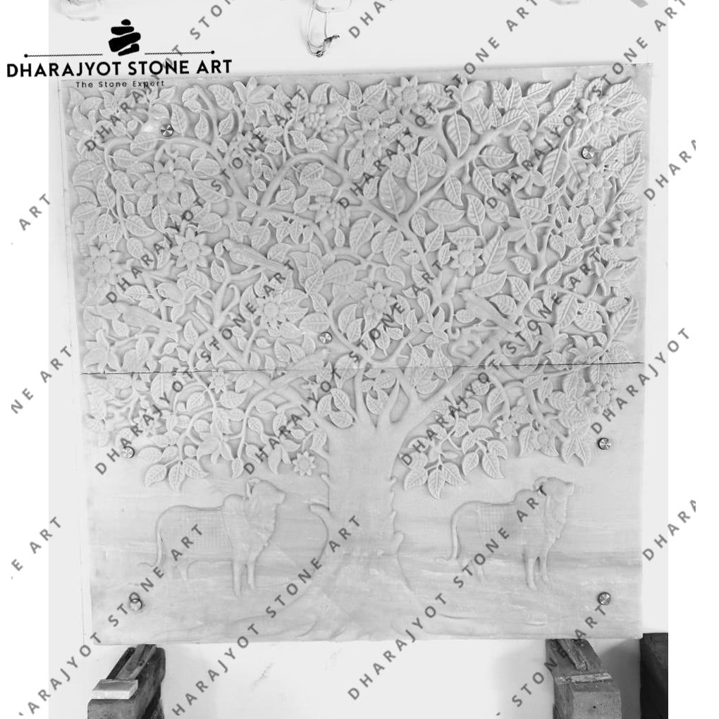 Elegant Tree of Life with Golden Flowers and Cow Sculpture Stone Wall Mural