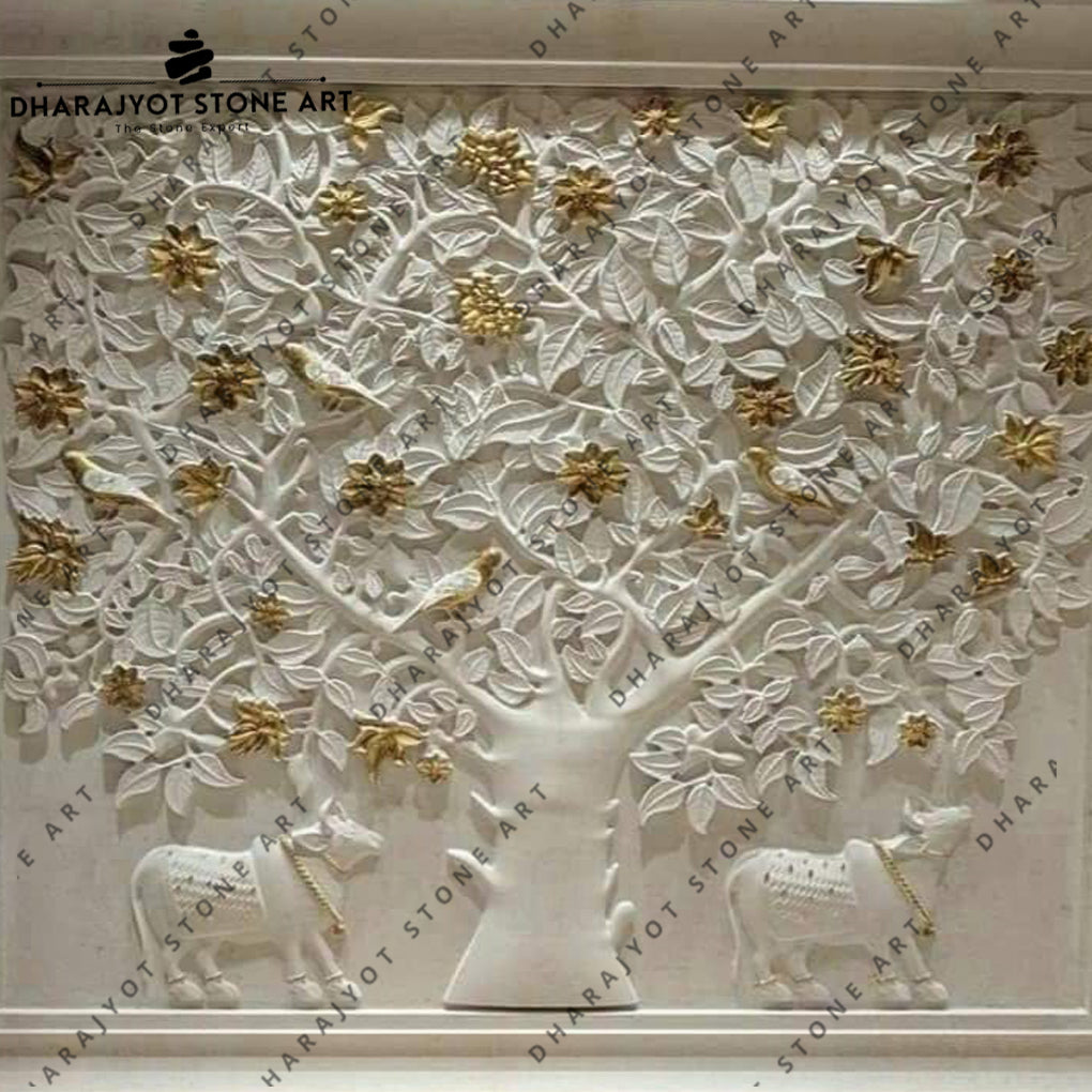 Elegant Tree of Life with Golden Flowers and Cow Sculpture Stone Wall Mural