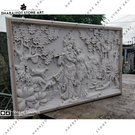 Handcrafted Marble 3D Radha Krishna Forest Scene Wall Mural