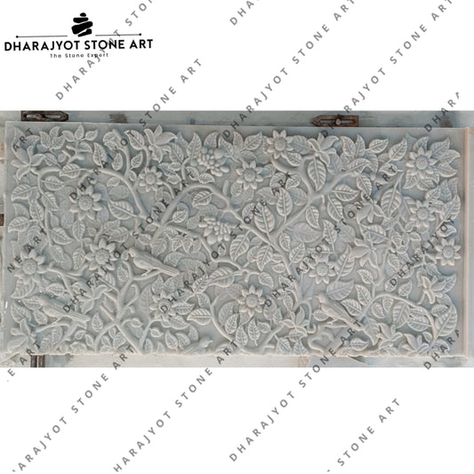 Handcarved White Marble Floral Wall Mural