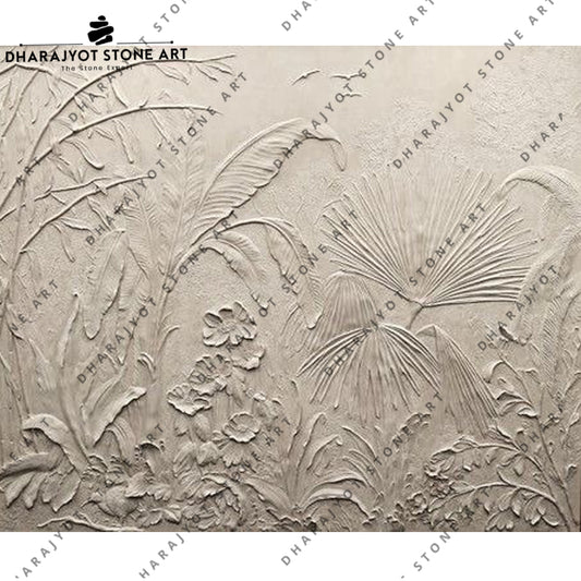 Hand-Carved Tropical Leaf Stone Wall Mural