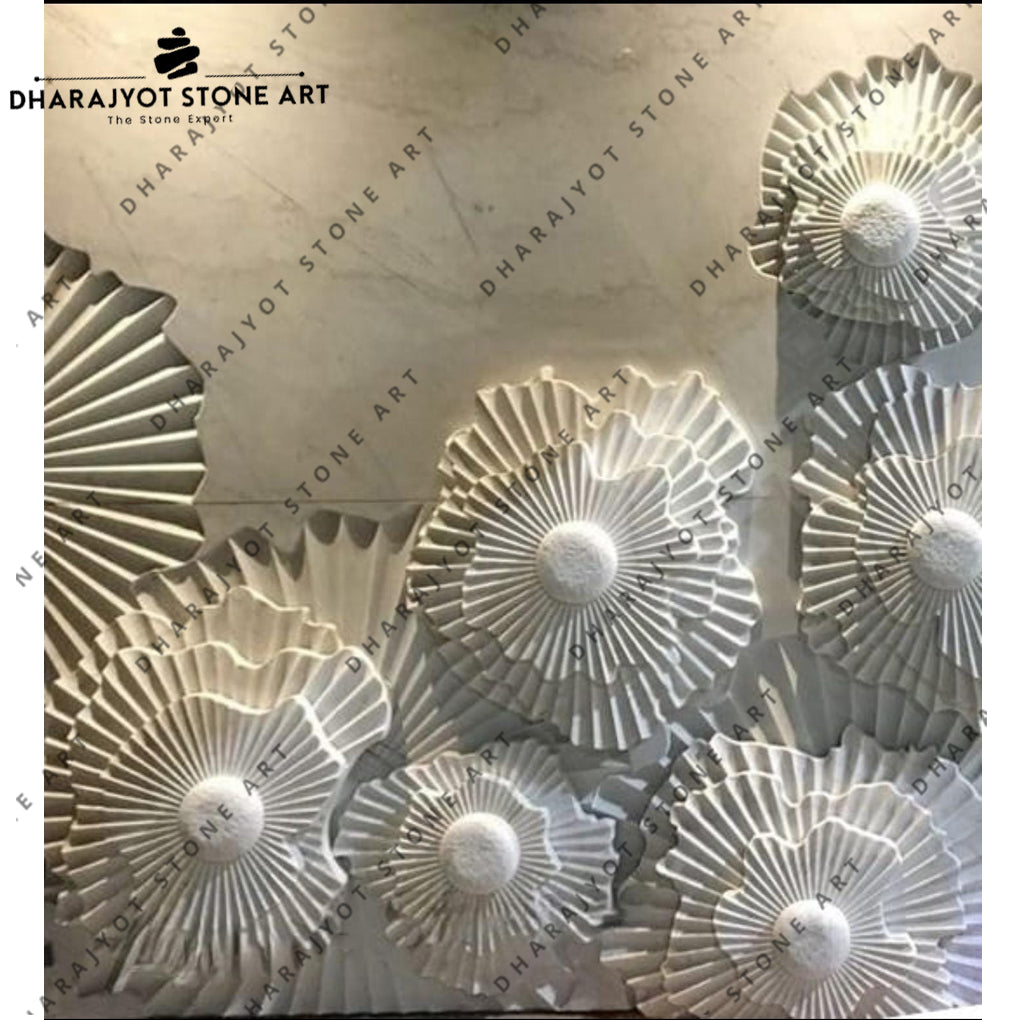 Elegant 3D Hand-Carved Abstract Floral Stone Wall Mural