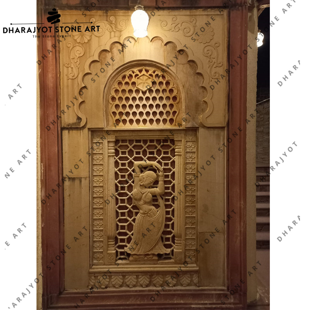 Hand-Carved Jali Carving and Artistic Lady Sculpture Stone Wall Mural