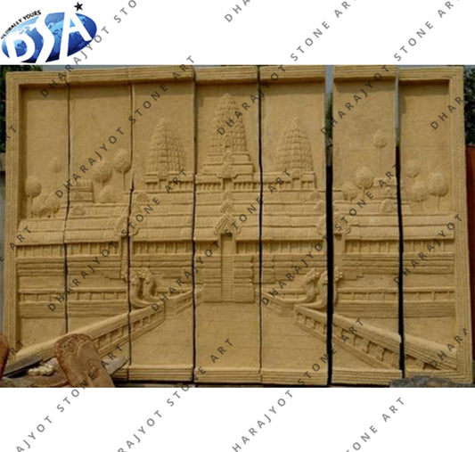 Custom Handcrafted Hand-Carved Stone Temple Wall Mural