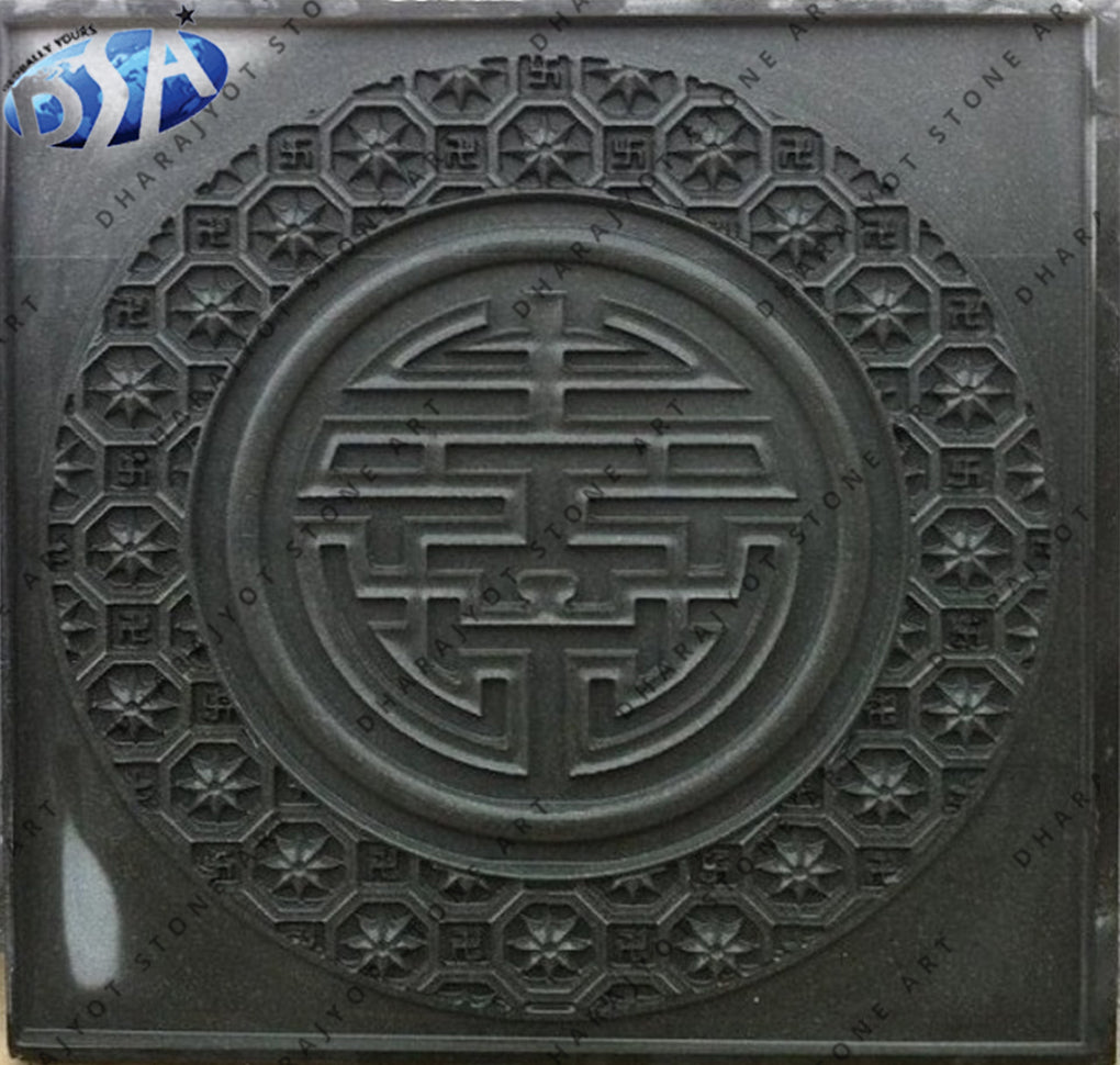 Elegant Geometric Border Black Stone Hand Carved Wall Panel