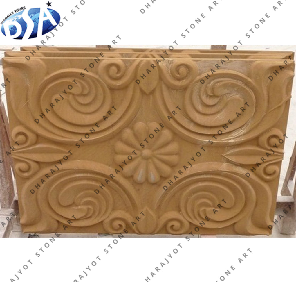 Luxury Heritage Projects Hand Carved Natural Stone Swirl and Floral Motif Wall Panel