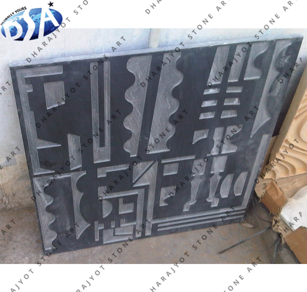 Hand-Carved Black Stone Wall Panel