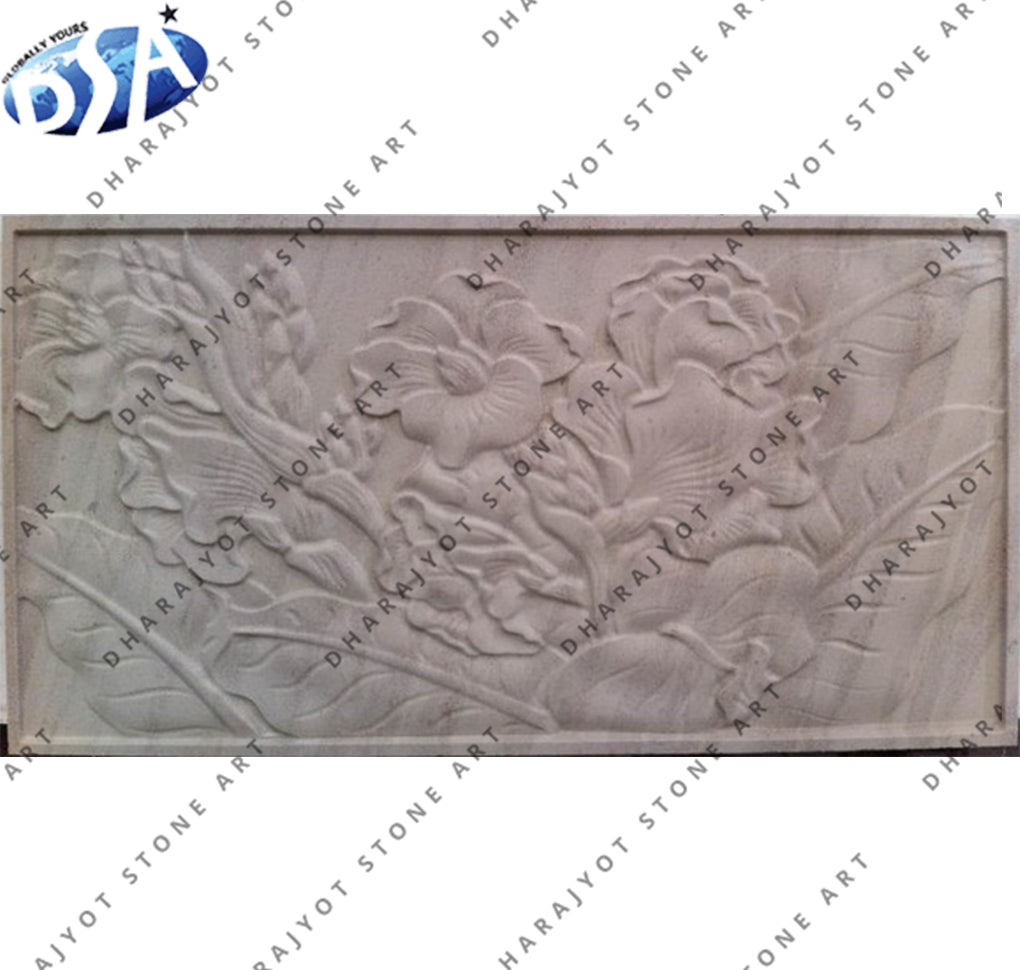 Natural Stone Hand Carved Floral Vine Design with Blooming Flowers Wall Panel