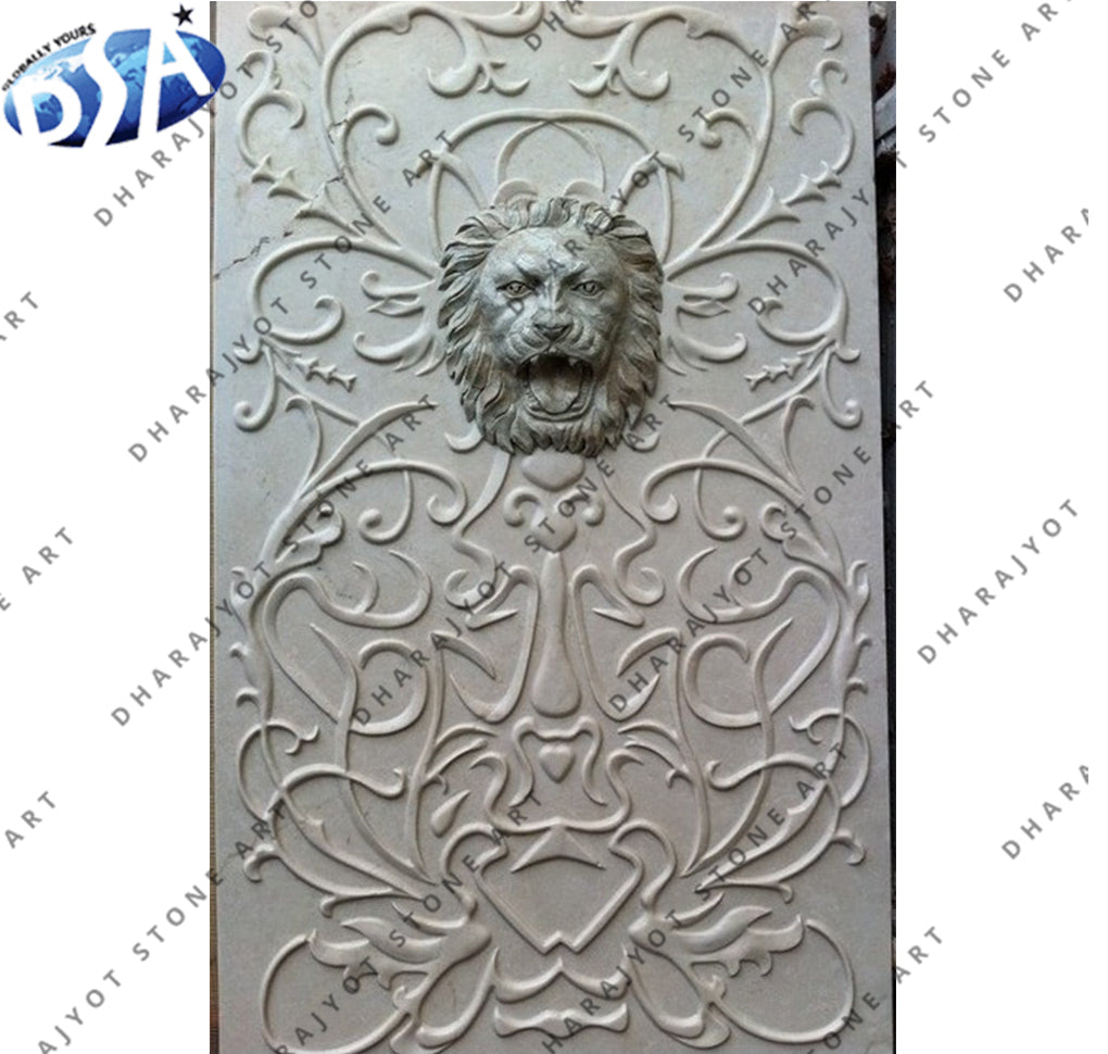 Luxury Decorative Natural Stone Majestic Lion Head with Ornate Floral Carving Wall Panel