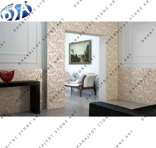 Handcrafted Floral Design Beige Sandstone Decorative Wall Panel