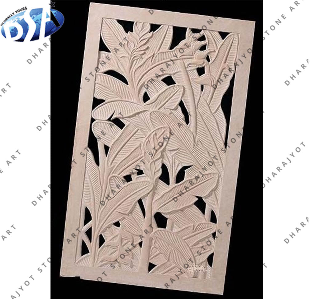 Handcrafted White Stone Floral Carving Wall Panel