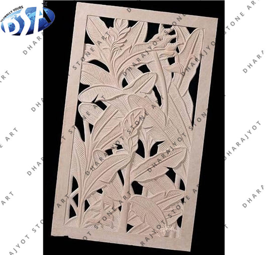 Handcrafted White Stone Floral Carving Wall Panel