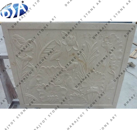 Elegant Decorative White Stone Hand-Carved Floral Wall Panel