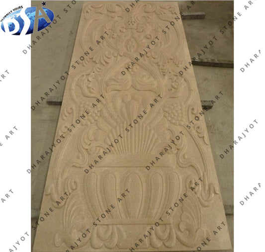 Hand-Carved Sandstone Ornate Floral Vase Design Wall Panel