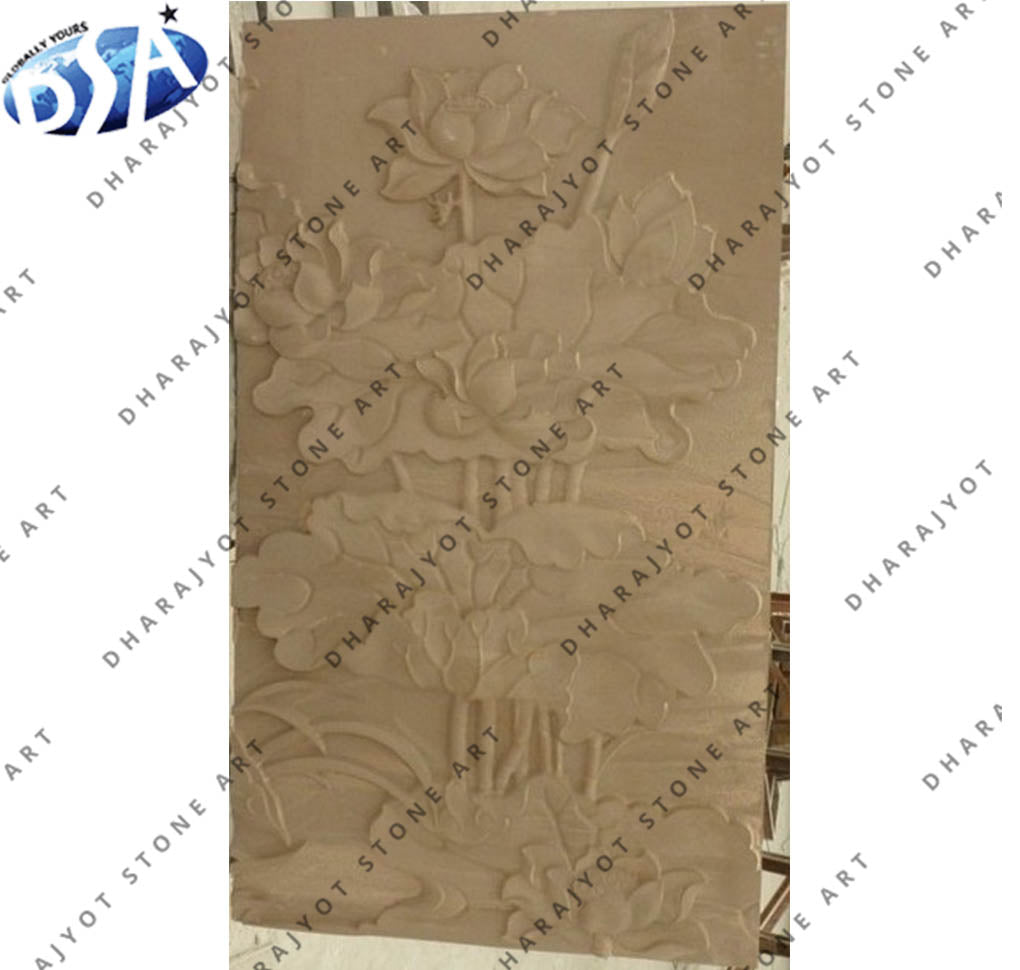 Hand-Carved Lotus Flower Stone Wall Panel