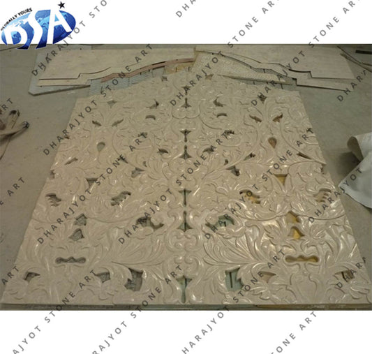 Hand-Carved Ornate Floral Jali Stone Decorative Wall Panel