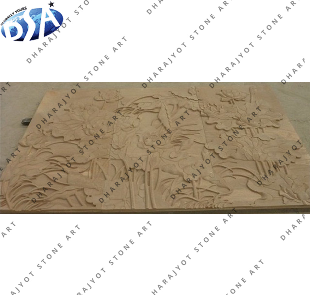 Yellow Sandstone Stone Flower Carved Stone Wall Panel