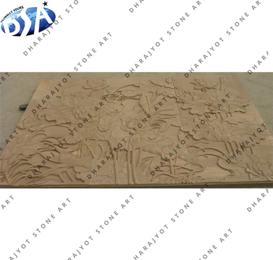 Yellow Sandstone Stone Flower Carved Stone Wall Panel