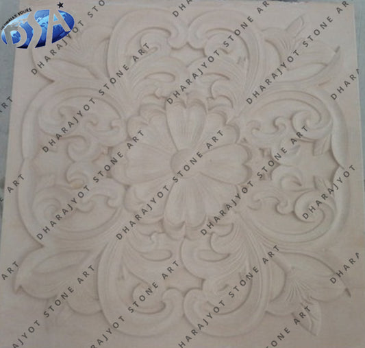 White Sandstone Hand Carved Flower Wall Panel