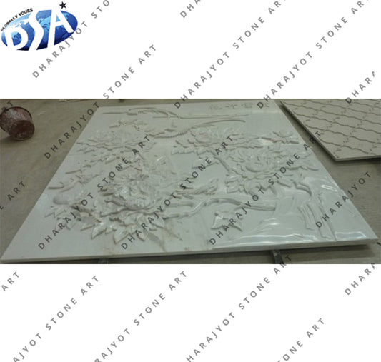 Elegant White Engraved Decorative Floral Stone Wall Panel