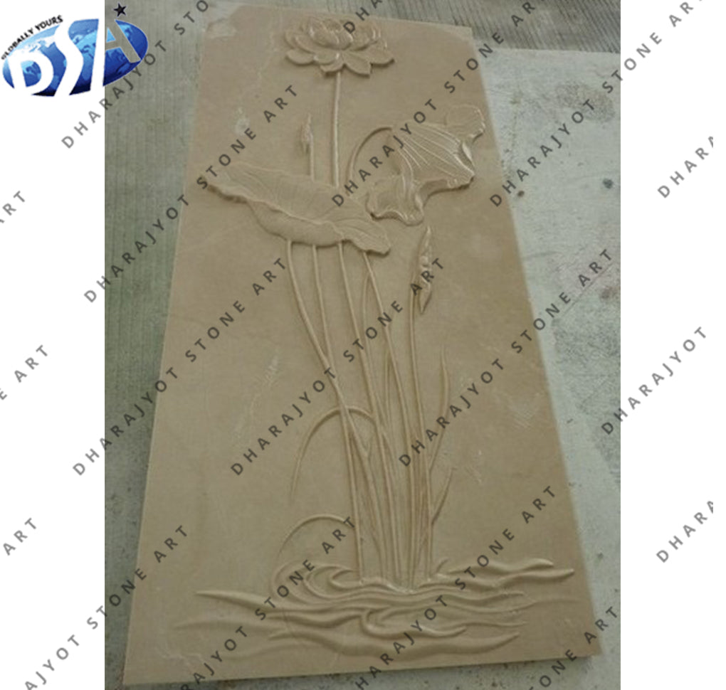 Beige Marble Limestone Relief Flower Sculpture Hand Carved Wall Panel