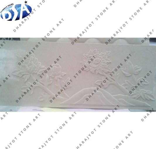 White Natural Stone Elegant Floral Carved Wall Panel