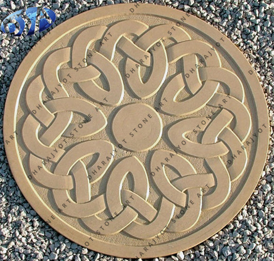 Hand-Carved Natural Sandstone Round Interlocking Knot Design Wall Panel
