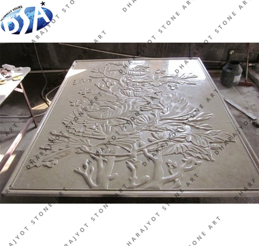 Nature-Inspired Relief Mural Elegant Hand-Carved Stone Wall Panel