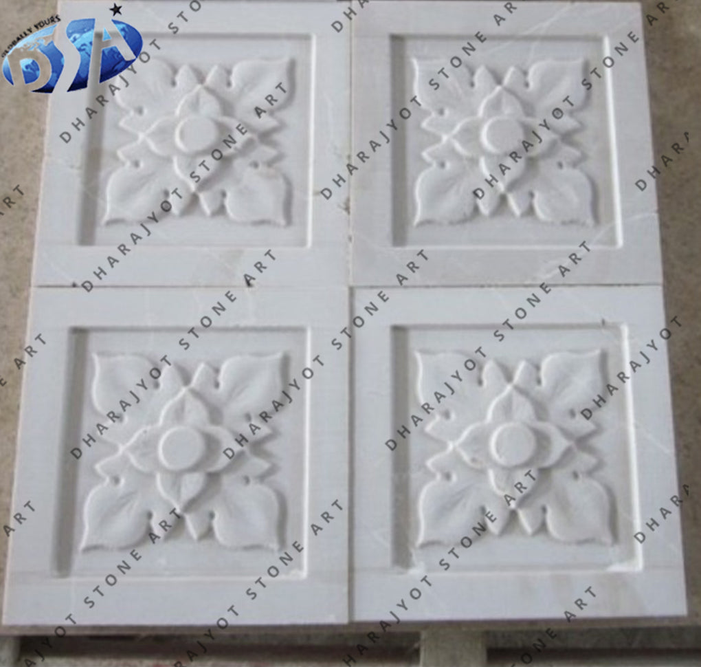 Customizable Hand-Carved White Marble Wall Panel