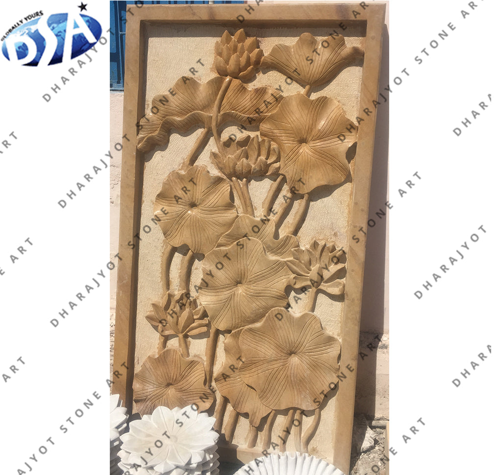 Decorative Hand-Carved Lotus Floral Stone Wall Panel