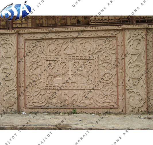 Intricately Hand-Carved Heritage Design Sandstone Wall Panel