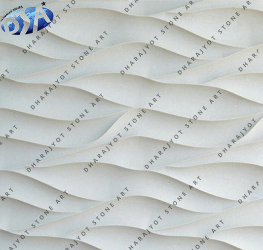 Contemporary Hand-Carved Wave Pattern Design White Marble Wall Panel