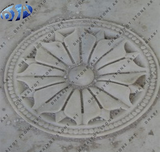 Traditional Indian Style Floral Design Round Stone Wall Panel