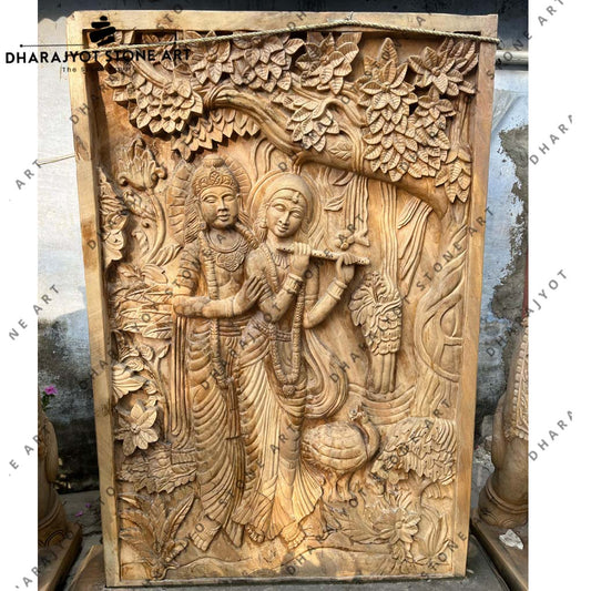 Hand Carved Radha Krishna Sandstone Sculpture Wall Hanging Panels