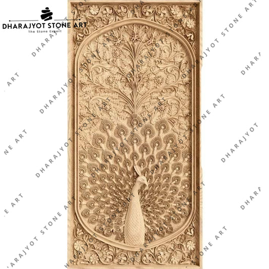 Decorative Hand-Carved Sandstone Peacock Wall Panel