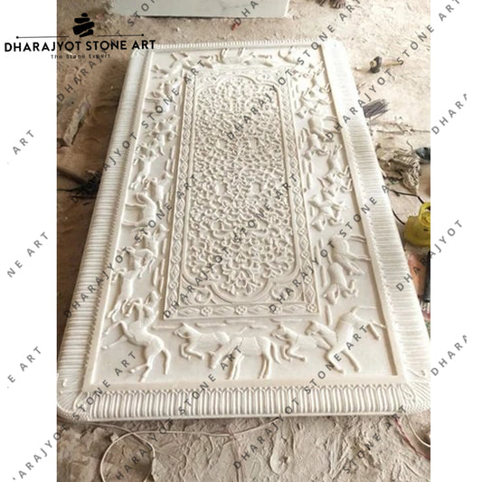 Carved Floral & Animal Stone Artwork White Marble Wall Panel