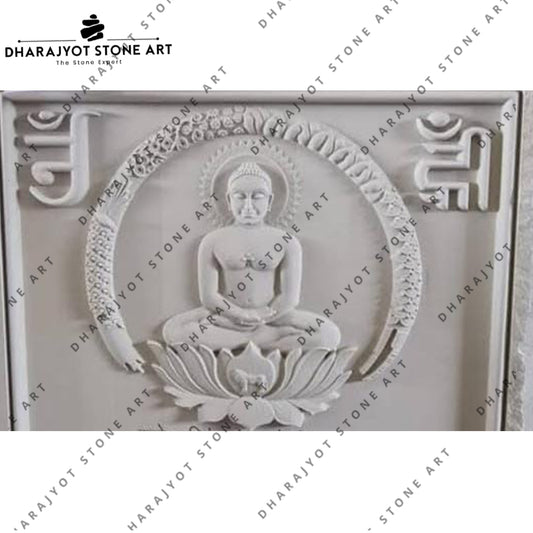 Hand-Carved White Decor Jain Mahavir Marble Wall Panel