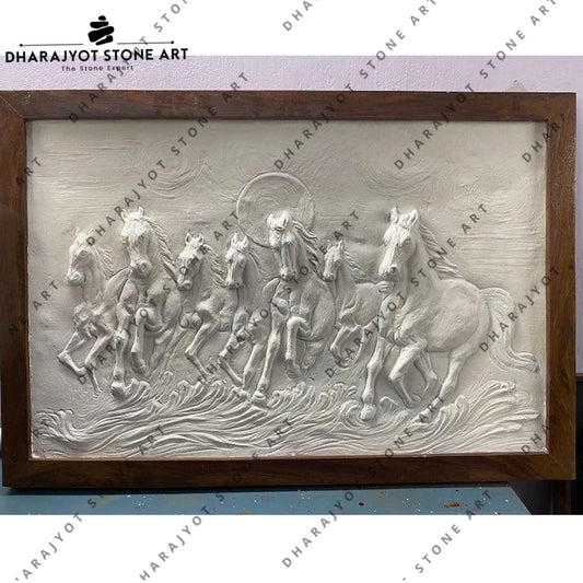 Hand-Carved Decorative Seven Horses Natural White Marble Wall Panel