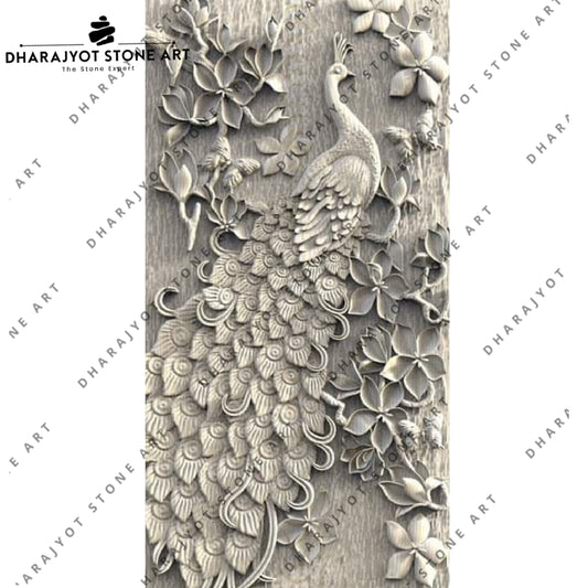 Elegant Home Décor Art Hand-Carved Peacock Design Natural Marble Wall Panel
