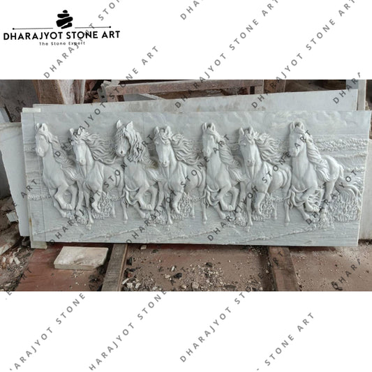 Home Décor Handcrafted White Marble Seven Horses Wall Panel