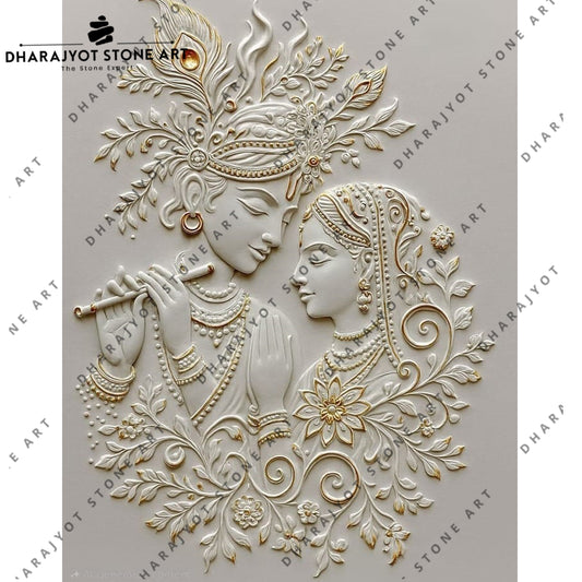 Elegant 3D Radha Krishna Hand-Carved Marble Mural