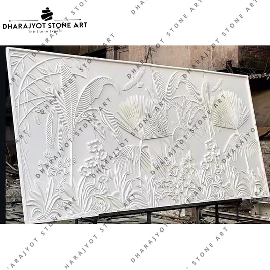 Tropical Leaf Design Hand-Carved Marble Wall Hanging